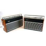 TWO VINTAGE TEAK AND STAINLESS STEEL HACKER PORTABLE RADIOS Having a single carry handle marked '