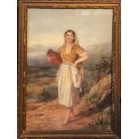 A 19TH CENTURY WATERCOLOUR, LANDSCAPE, WITH PEASANT GIRL Unsigned, gilt framed and glazed. (49cm x