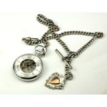 A VICTORIAN SILVER DOUBLE ALBERT POCKET WATCH CHAIN Having uniform pierced links with T bar and