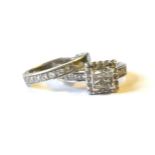 A 14ct WHITE GOLD AND DIAMOND CLUSTER RING AND HALF ETERNITY RING An arrangement of four princess