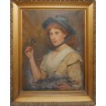 MARY DREW, 1880 - 1901, OIL ON CANVAS Portrait of a maiden wearing a bonnet with a single flower