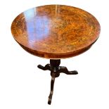 A 19TH CENTURY STYLE ITALIAN BURR WALNUT AND MARQUETRY INLAID OCCASIONAL TABLE The circular top