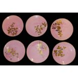 MINTONS, A SET OF SIX AESTHETIC MOVEMENT BONE CHINA PLATES Applied with floral branches on pink