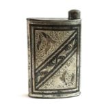 A LATE 19TH/EARLY 20TH CENTURY SILVERED PLATED INDIAN BIDRI DECORATED HIP FLASK. (14cm) Condition: