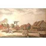 A 19TH CENTURY WATERCOLOUR, ENGLISH VILLAGE SCENE WITH FIGURES Bearing label verso 'Belinda Gentle