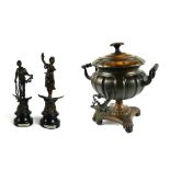 A PAIR OF FRENCH SPELTER STATUES, LA VICTOIRE ET LE TRAVAIL Together with a 19th century copper