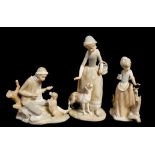 NAO, LLADRO, THREE SPANISH PORCELAIN GROUPS, A YOUNG GIRL WITH DOG, BUTTERFLY GIRL AND A SEATED