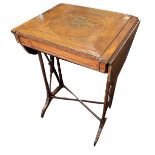 A LATE VICTORIAN SATINWOOD AND FLORAL MARQUETRY INLAID LADIES DROP LEAF TABLE The sliding top