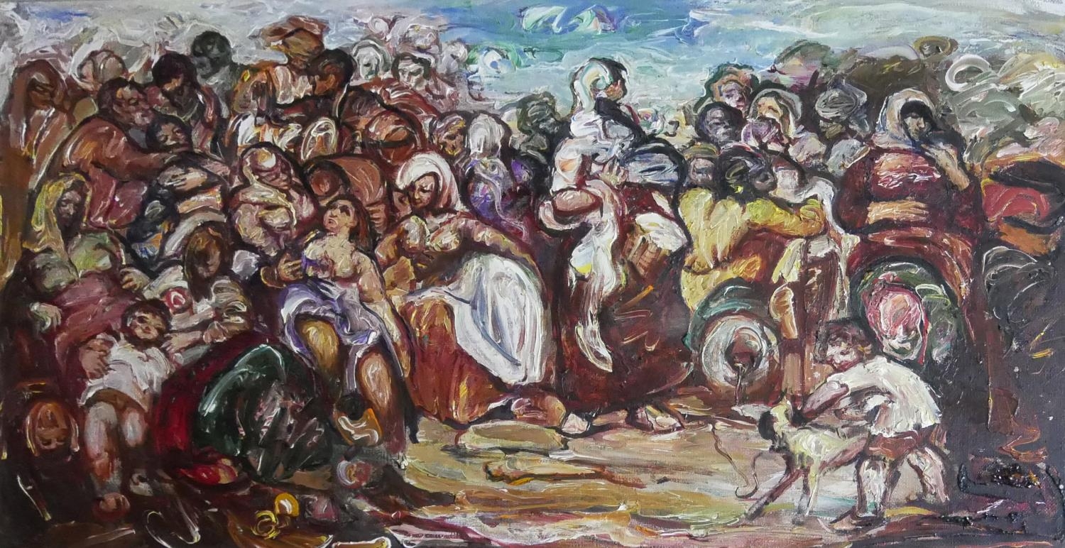 AN EARLY/MID 20TH CENTURY CONTINENTAL OIL ON CANVAS Medieval crowd scene unsigned, framed. (104cm