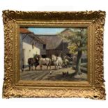 VICTOR EVERSTINE, GERMAN, FL 1880, A 19TH CENTURY OIL ON PANEL Farmyard scene, Shire horses