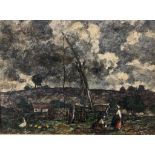 KAROLY KOTASZ, HUNGARIAN, 1872 - 1941, OIL ON CANVAS Stormy landscape, figures at work, signed lower