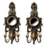 A PAIR OF EARLY 20TH CENTURY CONTINENTAL WROUGHT IRON, LIMEWOOD AND SILVER GILT GIRANDOLES The