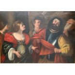 A LARGE 17TH CENTURY ITALIAN OIL ON CANVAS, 'THE DENIAL OF SAINT PETER' Held in an ebonised and