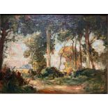 A 19TH CENTURY OIL ON CANVAS, FRENCH IMPRESSIONIST WOODED LANDSCAPE Held in a gilt frame. (sight