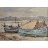 DORIS VAUGHAN, BRITISH, 1894 - 1975, WATERCOLOUR Coastal landscape, with fishing boats, signed,