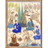 A LATE QAJAR PERIOD PERSIAN FRAMED AND GLAZED PANEL Depicting dancers and musicians, signed upper