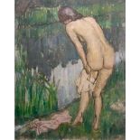 A 20TH CENTURY BRITISH OIL ON CANVAS, PORTRAIT OF A NUDE WOMAN Indistinctly signed lower left,
