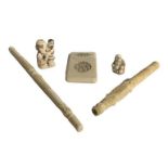 A COLLECTION OF FIVE CARVED ORIENTAL IVORY ITEMS Including a late 19th Century Chinese card case