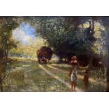 AN EARLY 20TH CENTURY OIL ON CANVAS Indian summer landscape, figures on a track and an ox and cart