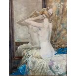 DORIS PUSINELLI, 1900 - 1976, WATERCOLOUR Titled 'Reflection', portrait of a nude woman seated on