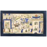 A LATE 19TH CENTURY PERSIAN FRAMED PANEL DECORATED WITH TOWN SCENE. (probably on camel bone). (20.