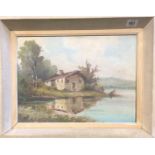 A MID CENTURY CONTINENTAL SCHOOL OIL ON BOARD, LAKESIDE LANDSCAPE Indistinctly signed. (46cm x 36cm)