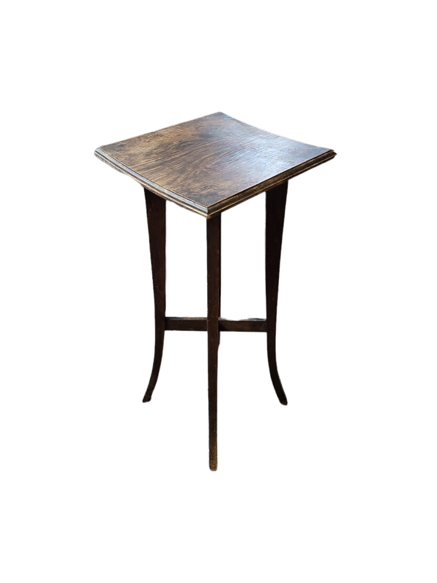 AN EDWARDIAN SQUARE TOP OAK PLANT TABLE On tapering legs. (30cm x 30cm x 72cm) Condition: slight