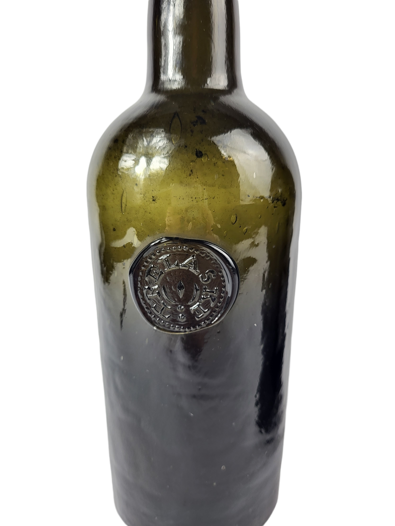 TWO MID 18TH CENTURY DARK GLASS CYLINDER WINE BOTTLES Moulded with circular medallion depicting a - Image 3 of 10