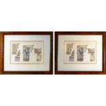 A PAIR OF COLOURED PRINTS ARCHITECTURAL DESIGNS Gilt and cream mounted, walnut framed and glazed. (