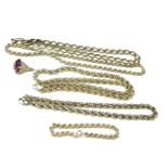 A COLLECTION OF FIVE VARIOUS SILVER CHAINS Along with a paste and amethyst pendant. (longest 40cm )