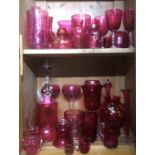 A COLLECTION OF 19TH CENTURY AND LATER CRANBERRY GLASS ITEMS To include a bell, vases, glasses
