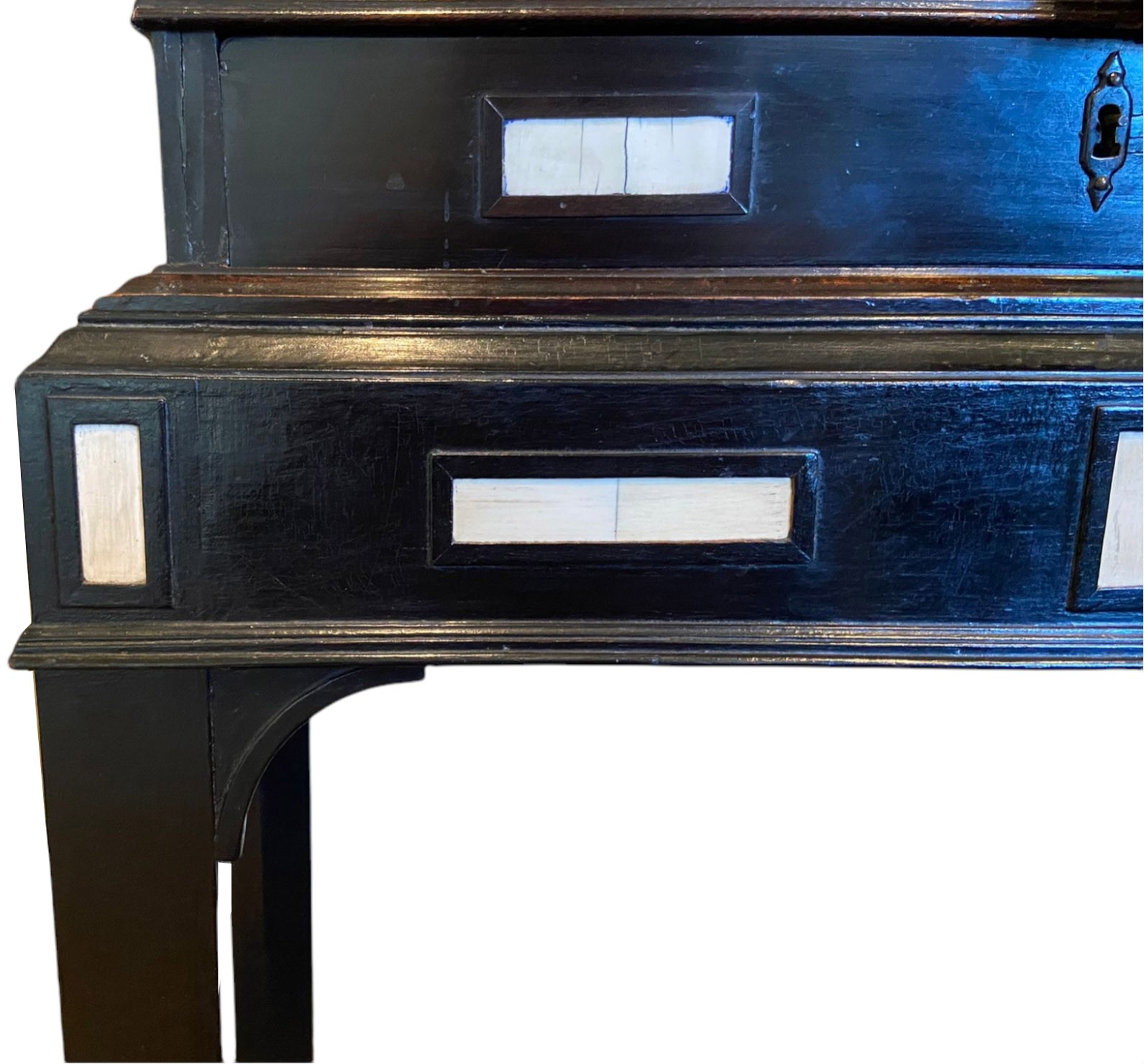 A RARE 17TH CENTURY EBONY IVORY AND EMBROIDERED RAISED WORK ANTWERP CABINET ON STAND The rise and - Image 6 of 12