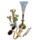 AN EDWARDIAN THREE TRUMPET GLASS VASE EPERGNE Each green glazed vase with frill fluted rim, raised