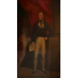 AN EARLY 19TH CENTURY OIL ON PANEL, FULL LENGTH PORTRAIT, KING WILLIAM IV Standing before a column