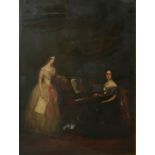 A 19TH CENTURY OIL ON CANVAS, INTERIOR SCENE WITH FEMALE PIANIST AND VOCALIST ALONGSIDE GRAND
