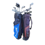 TWO GOLF BAGS AND TROLLEYS CONTAINING TWENTY-EIGHT VARIOUS CLUBS To include Hippo, Tee-Flight,