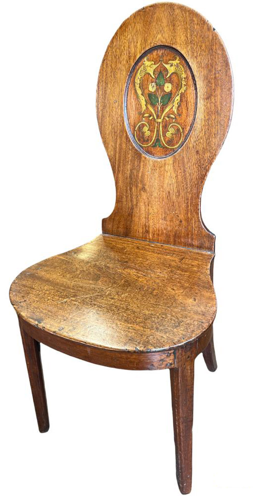 A GEORGIAN MAHOGANY HALL CHAIR The oval back painted with seahorses and foliage above a solid