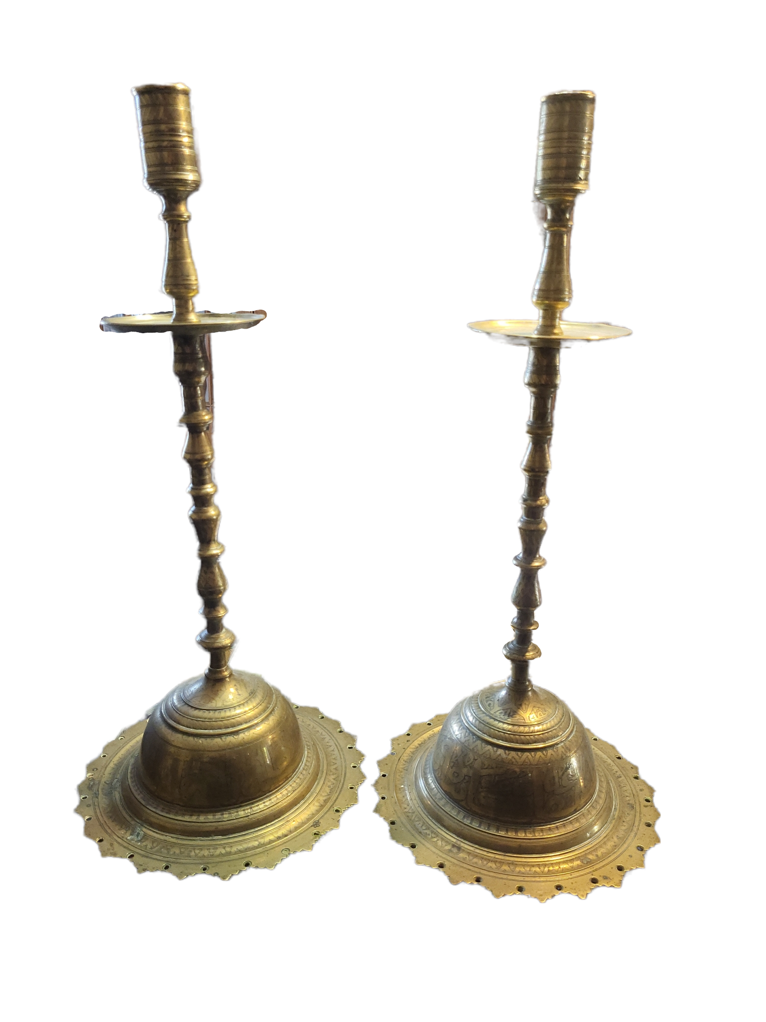 A LARGE PAIR OF LATE 19TH /EARLY 20TH CENTURY MIDDLE EASTERN BRASS CANDLESTICKS Bearing Arabic