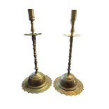 A LARGE PAIR OF LATE 19TH /EARLY 20TH CENTURY MIDDLE EASTERN BRASS CANDLESTICKS Bearing Arabic