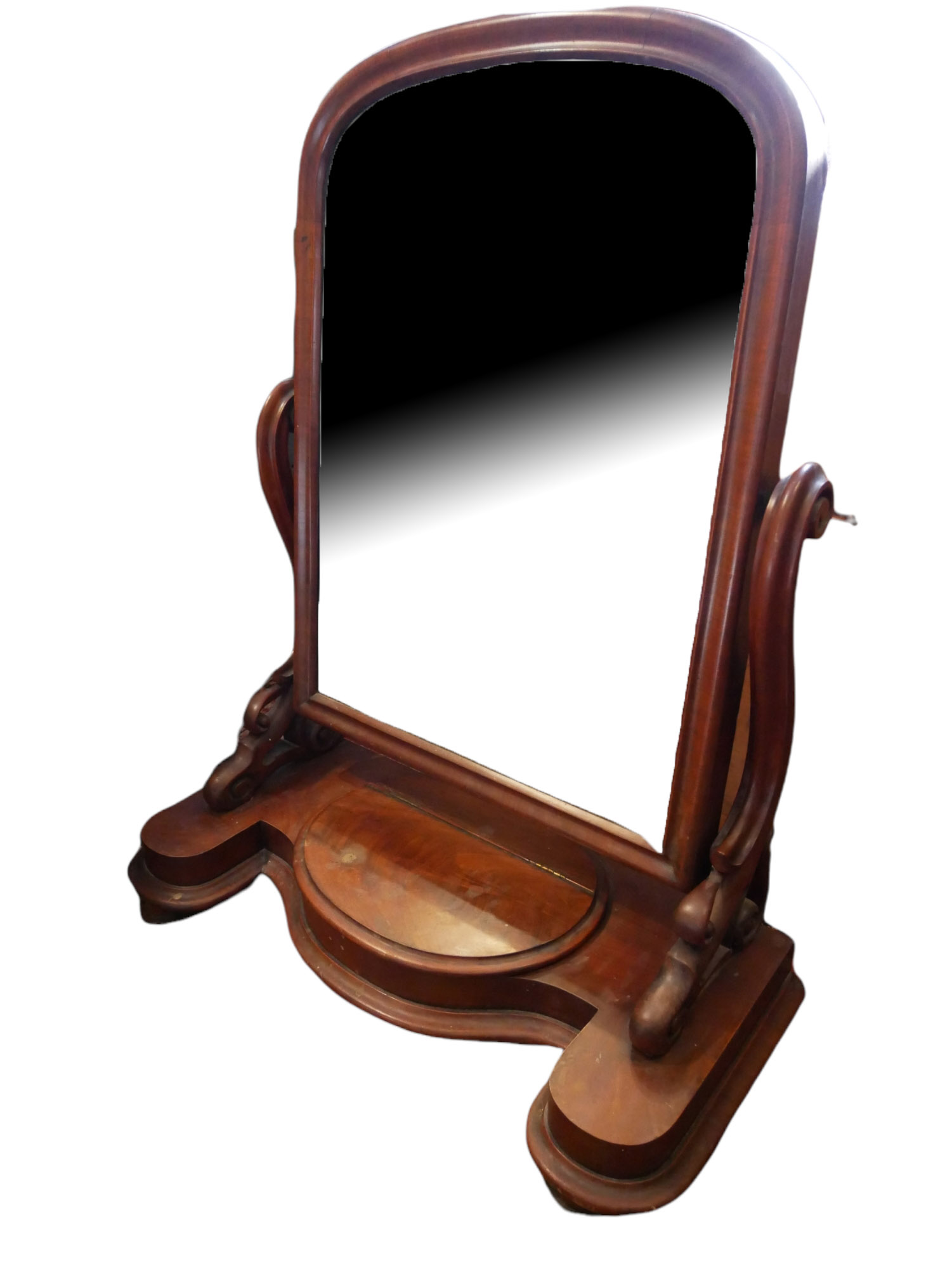 A VICTORIAN MAHOGANY DOMED DRESSING TABLE MIRROR Supported on a serpentine base with a single