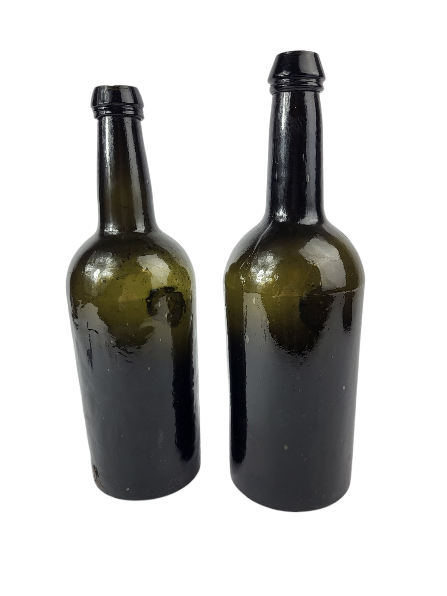 TWO MID 18TH CENTURY DARK GLASS CYLINDER WINE BOTTLES Moulded with circular medallion depicting a - Image 5 of 10