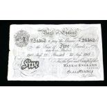 A RARE ORIGINAL HARVEY WHITE FIVE POUND NOTE, BRISTOL 22 AUGUST 1918, 64U 24362 Very faint staining,