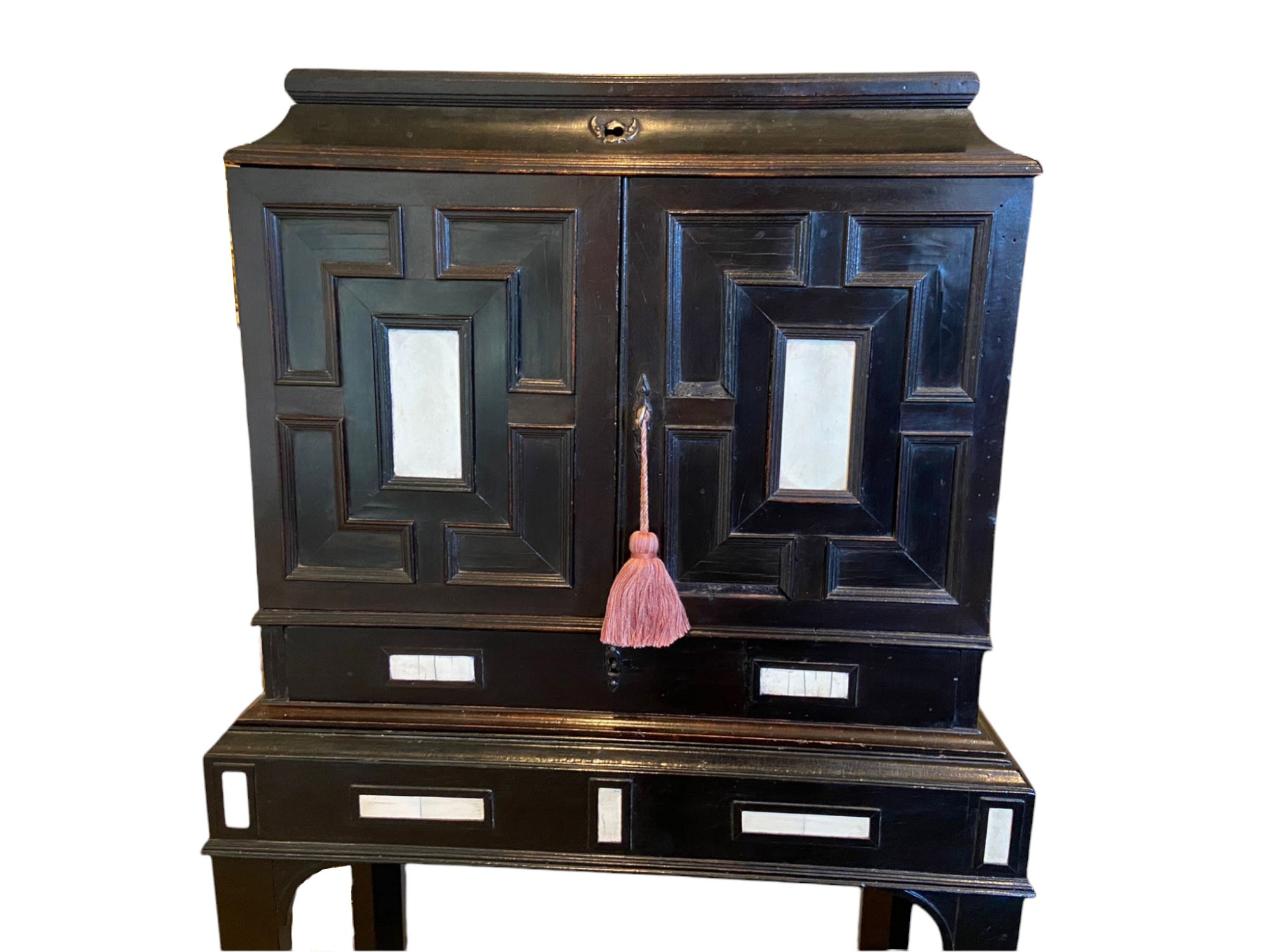 A RARE 17TH CENTURY EBONY IVORY AND EMBROIDERED RAISED WORK ANTWERP CABINET ON STAND The rise and - Image 5 of 12