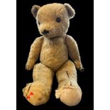 A LARGE MID 20TH CENTURY CHARACTER MOHAIR TEDDY BEAR With jointed limbs, button brown eyes, cotton
