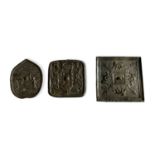 TWO SQUARE ARCHAISTIC BRONZE MIRRORS Along with another of leaf form. (largest w 16cm)