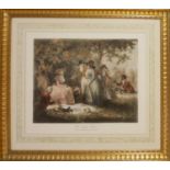 AFTER GEORGE MOORLAND, A COLOURED PRINT Titled 'The Anglers Repast, 1786', mounted, gilt framed