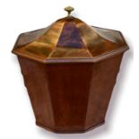 A 19TH/20TH CENTURY MAHOGANY OCTAGONAL WINE COOLER AND COVER Having a brass urn finial, brass lion