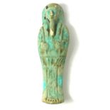 A SMALL ANTIQUE EGYPTIAN POTTERY FIGURE (POSSIBLY OSIRIS OR ASHANTE) Covered in light blue