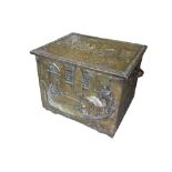 A LARGE LATE 19TH CENTURY BRASS BOUND SQUARE SECTION TWIN HANDLED COAL SCUTTLE/TÔLE PEINTE The top