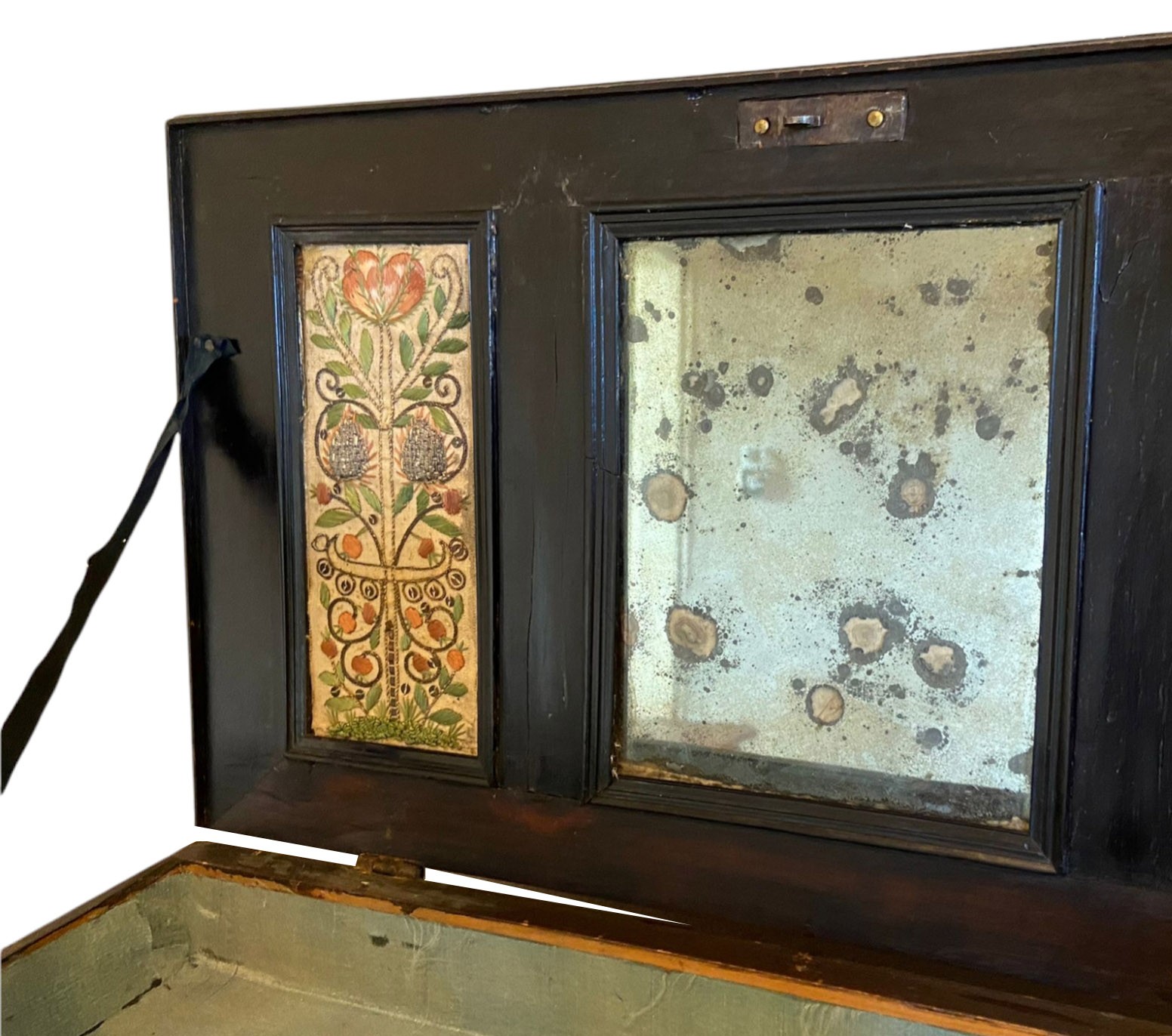 A RARE 17TH CENTURY EBONY IVORY AND EMBROIDERED RAISED WORK ANTWERP CABINET ON STAND The rise and - Image 8 of 12